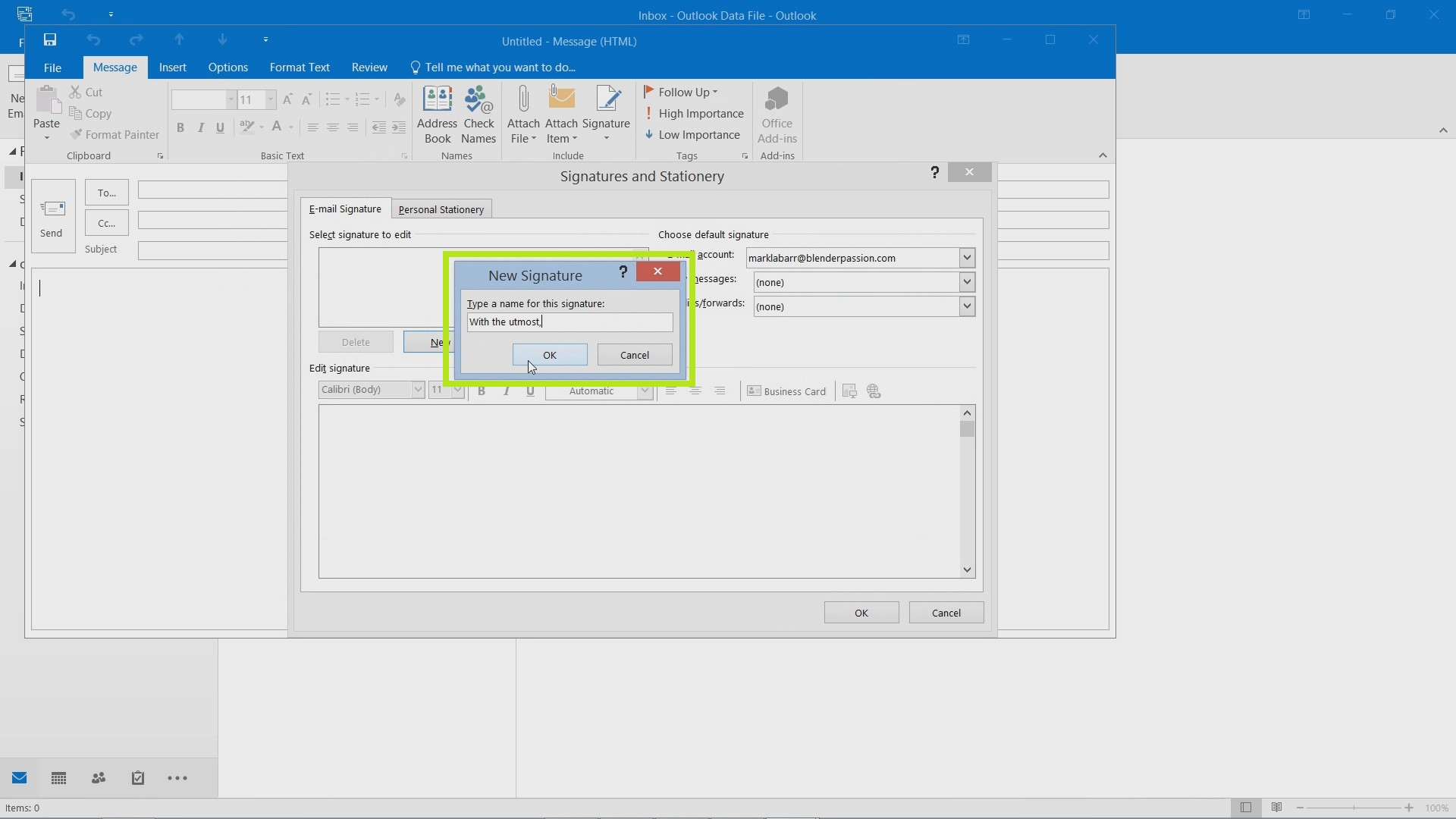 outlook 2016 insert table into signature