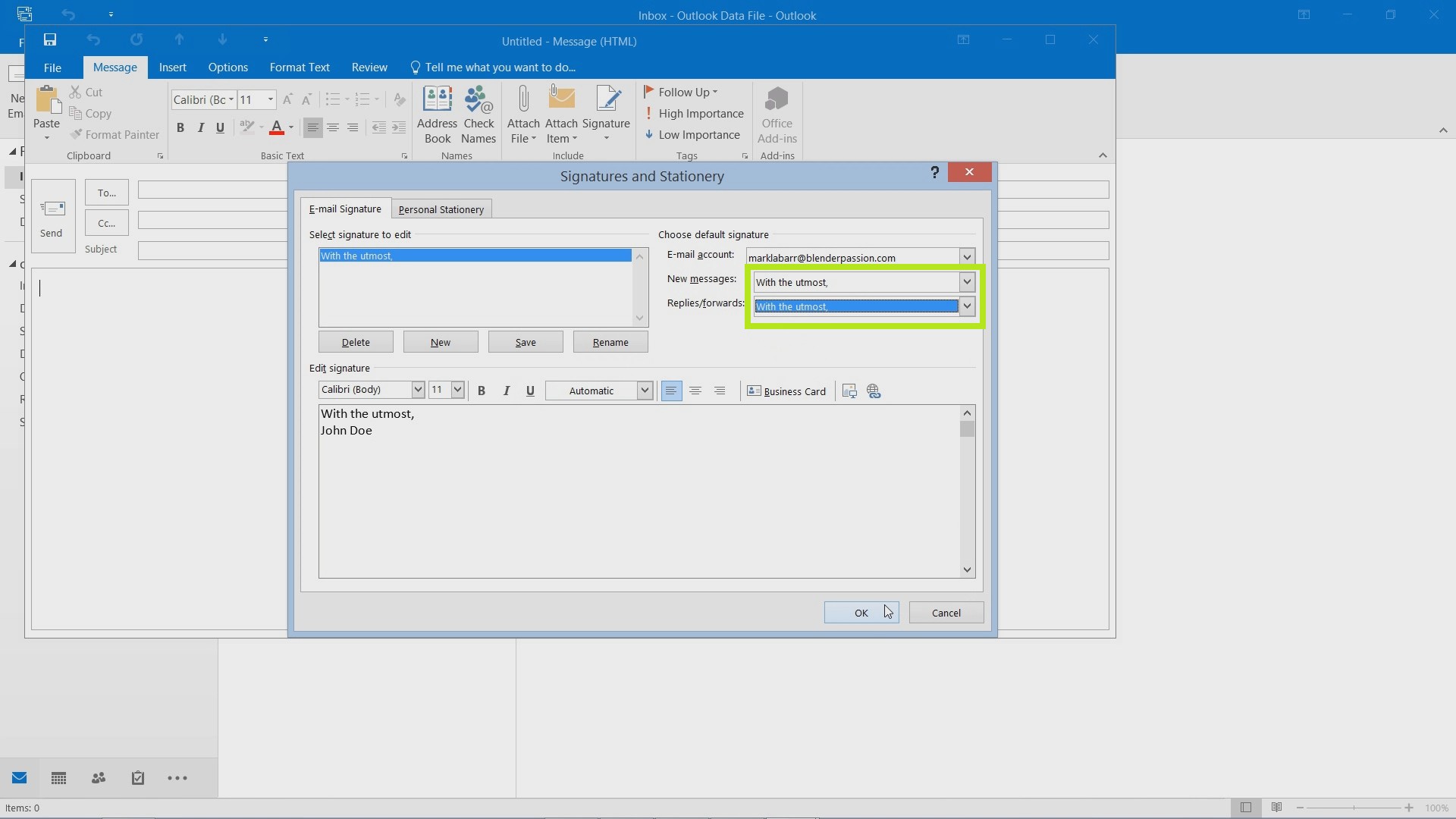 outlook 2016 insert table into signature