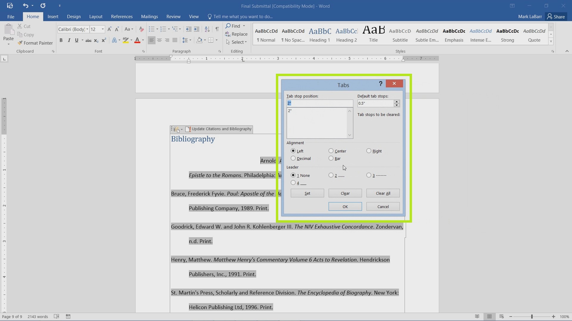 contextual tabs word 2016