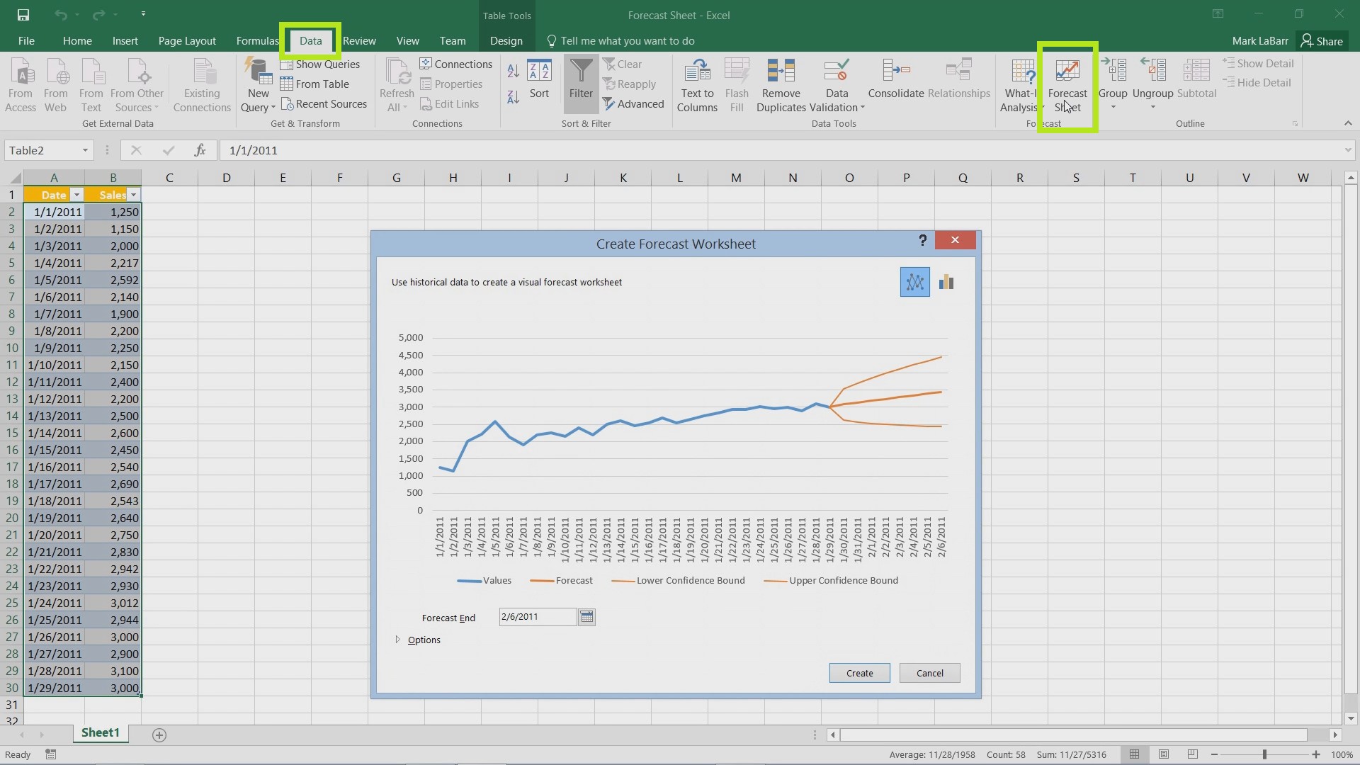 Create Forecast in Excel 2016