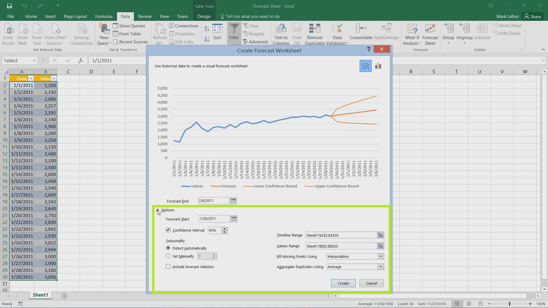 how to add forecast sheet in excel mac