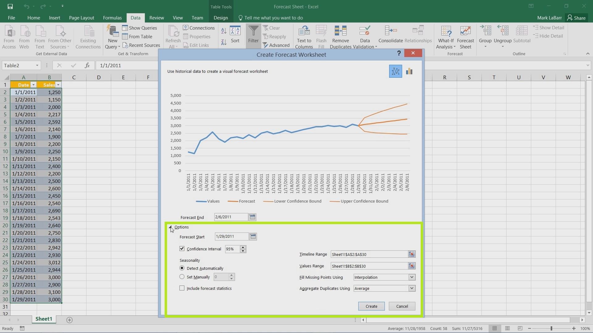 Create Forecast in Excel 2016