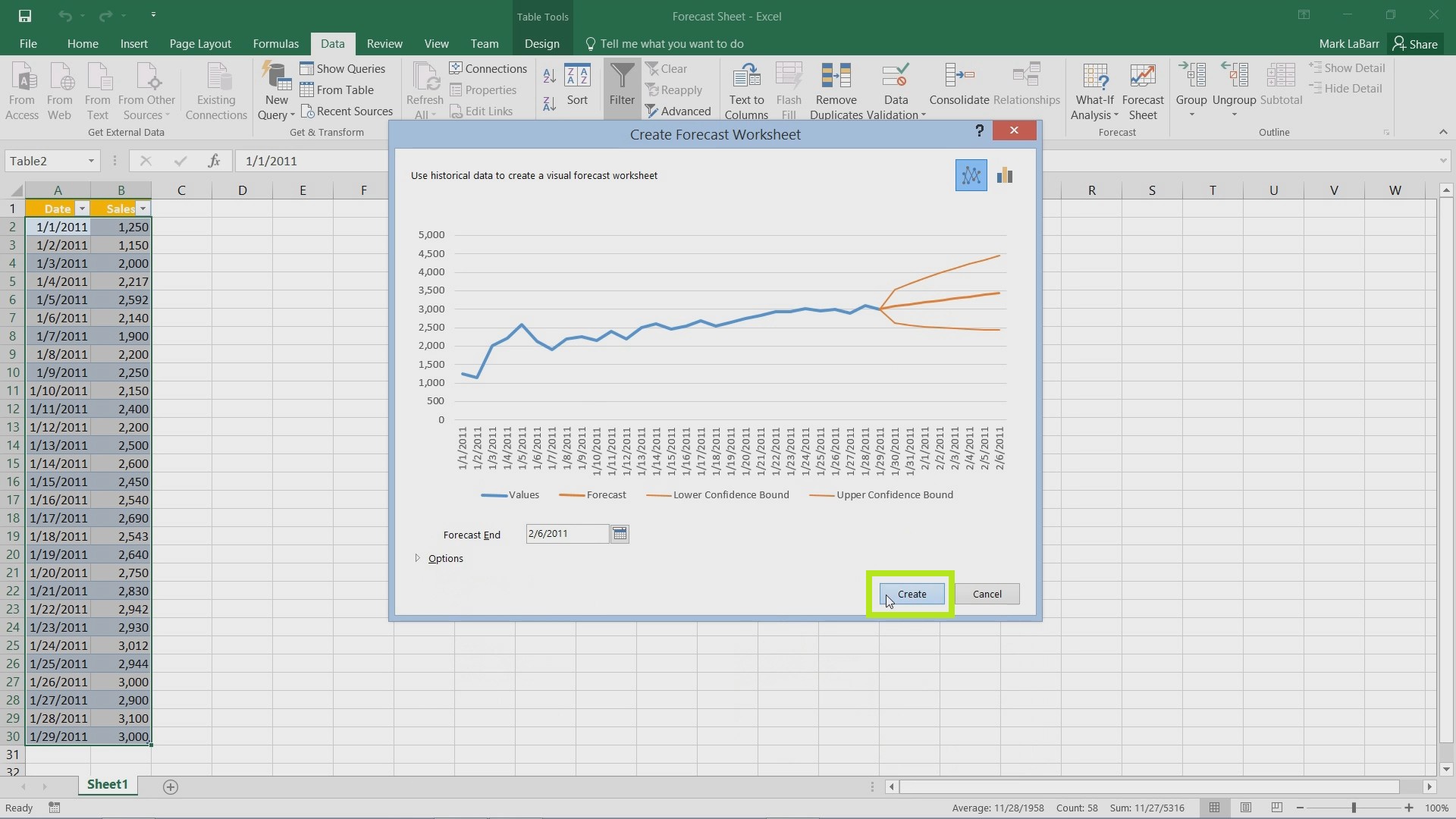 Create Forecast in Excel 2016