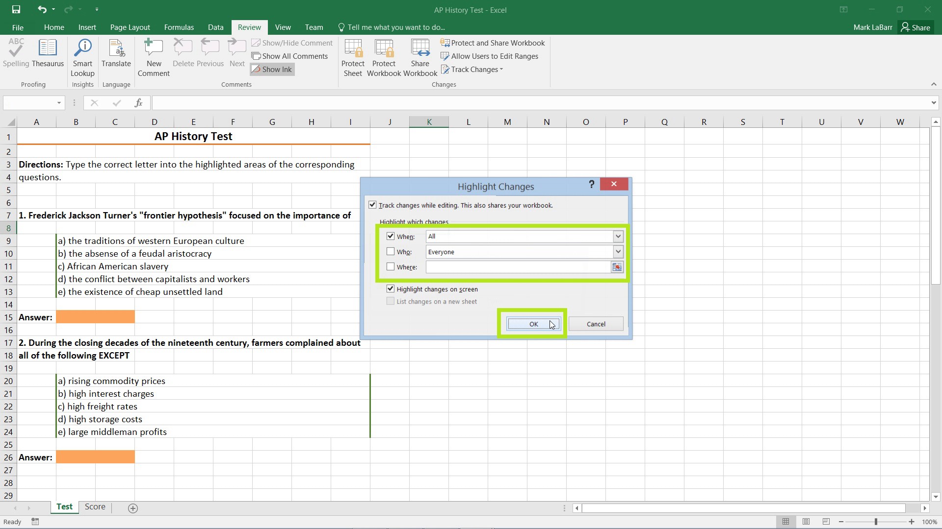 track changes on excel