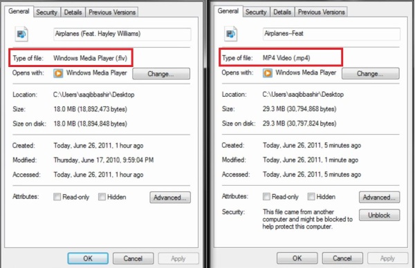 windows file properties for the comparison of formats