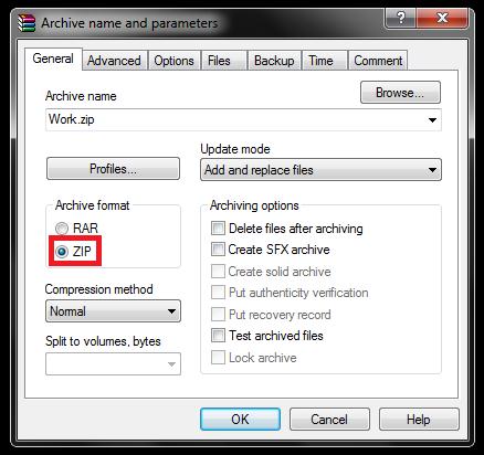 “Zip” radio button in the “archive name and parameters”