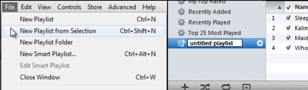 “New Playlist from Selection” option in file menu