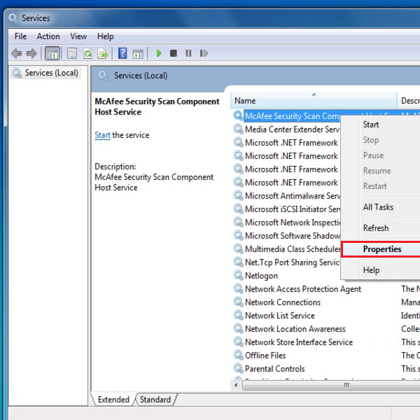 Locate and open properties of Mcafee services