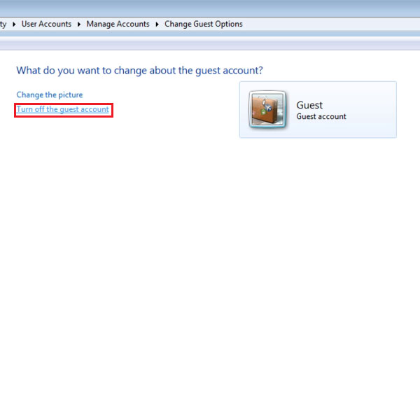 Switching off the guest account option