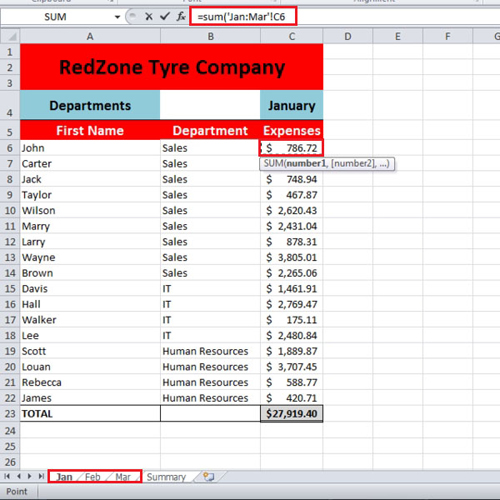 Click on the First expense cell of the first sheet