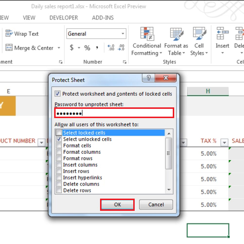 Enter password to protect your sheet