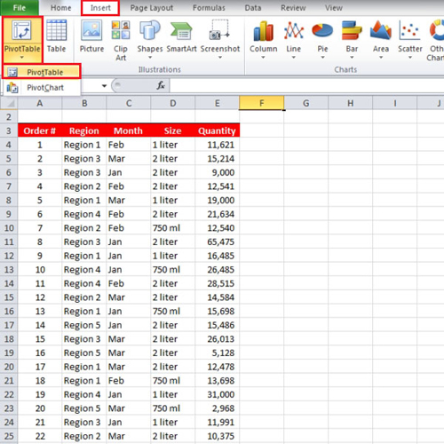 Insert Pivot Table in Excel