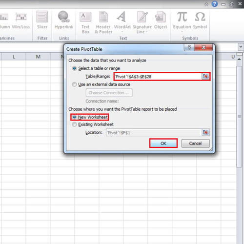 Choose data for Pivot Table