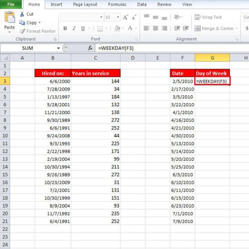 Insert the Weekday function