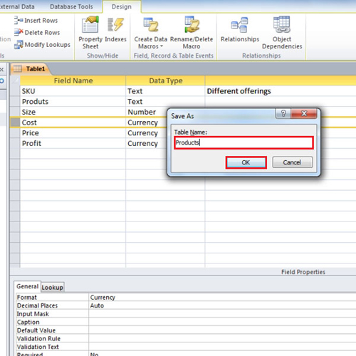 giving name to a table and typing in information in fields