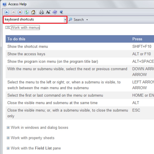 Searching for keyboard shortcuts using the help button