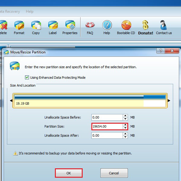 Choose a size of partition