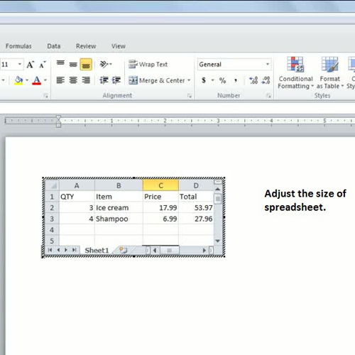 microsoft word insert excel spreadsheet