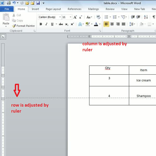 set the size of rows and columns in a table