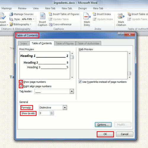 word manually format table of contents