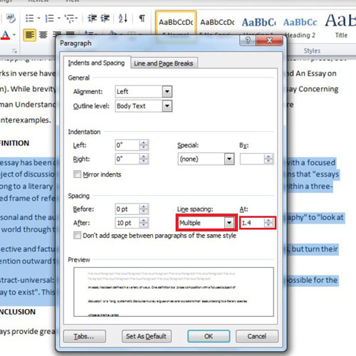 how to change paragraph spacing in word 2010