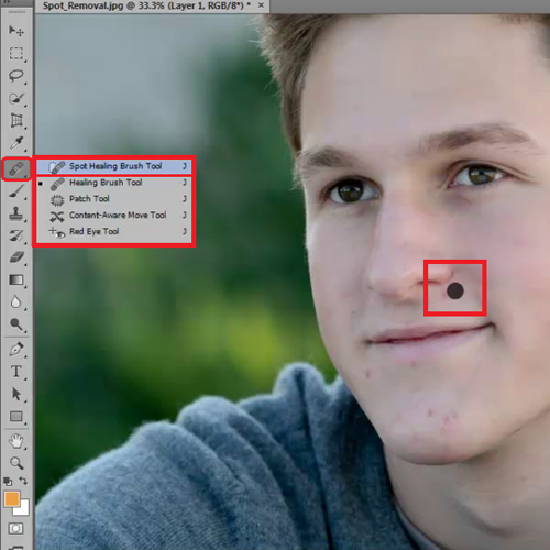 Work with the ‘spot healing brush tool’