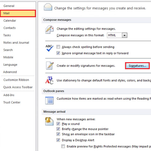 Go to Signatures in Mail Options