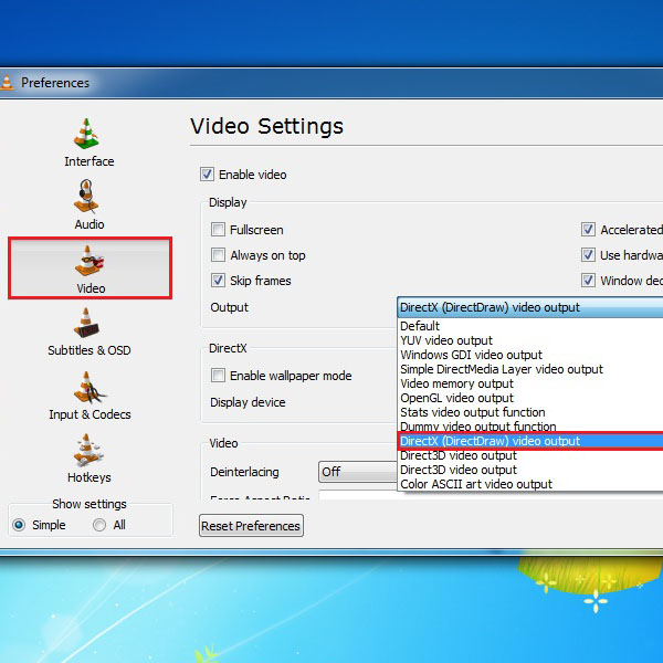 Choose the Direct X video output option