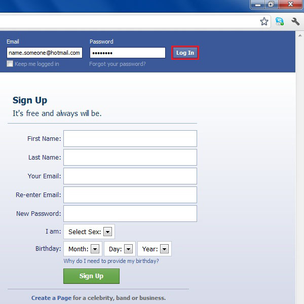 Signing in to facebook