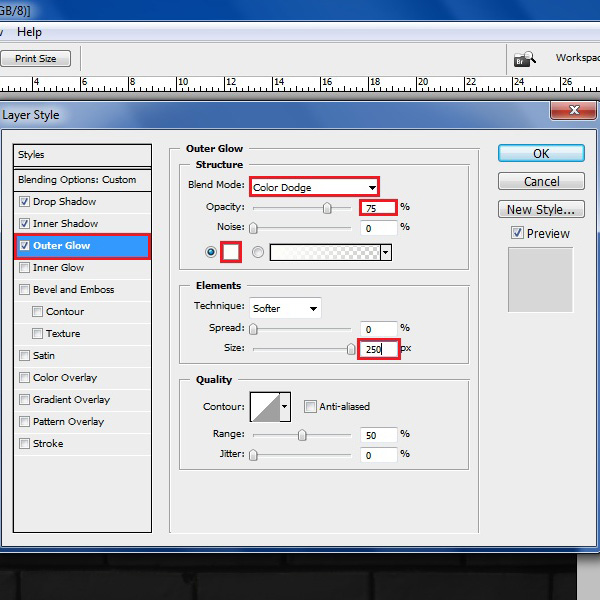 Make adjustments in the outer glow settings