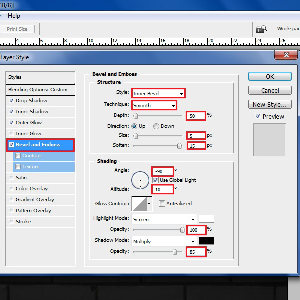 Choose the bevel and emboss options