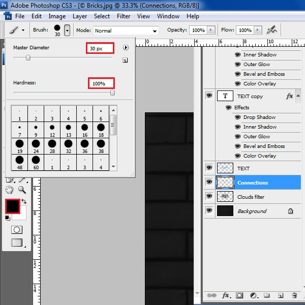 Adjust brush diameter and hardness