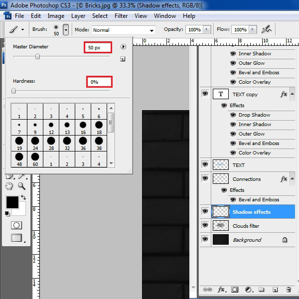 Adjust brush diameter and hardness