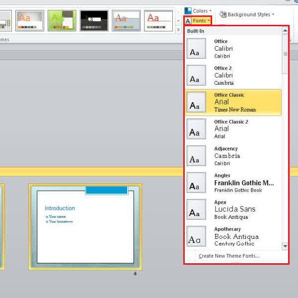 selecting font styles for a section