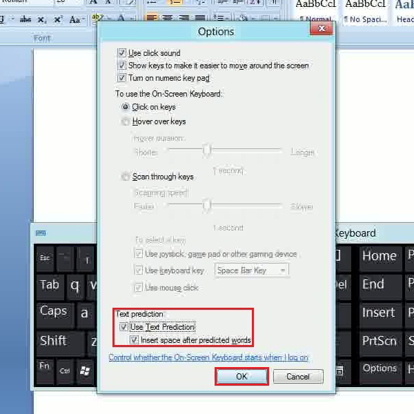 windows 10 on screen keyboard predictive text