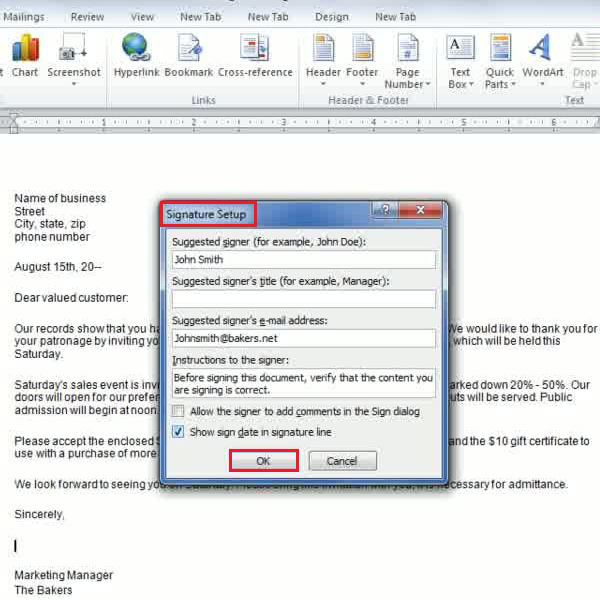 how to do an electronic signature in word