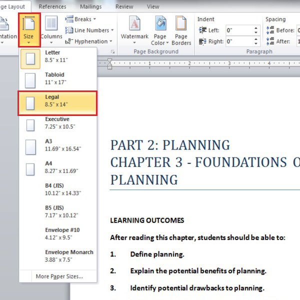 selecting a desired page size