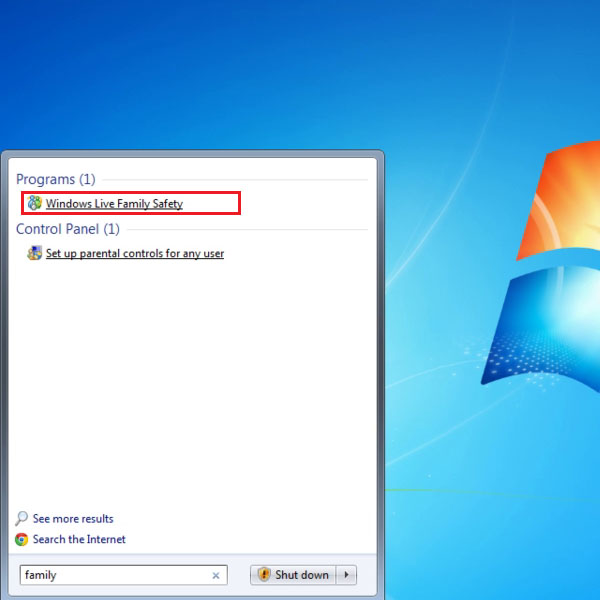 Type ‘Windows Live Family Safety’ in the Search field in Start menu