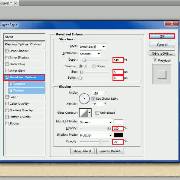 Modify the bevel and emboss settings