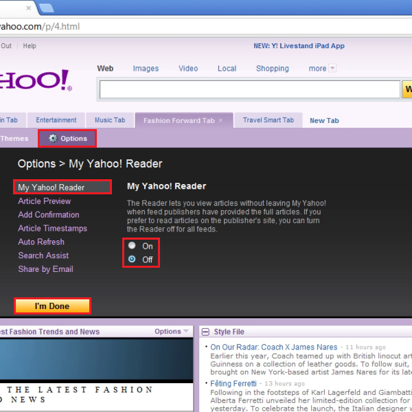 alter Yahoo reader options