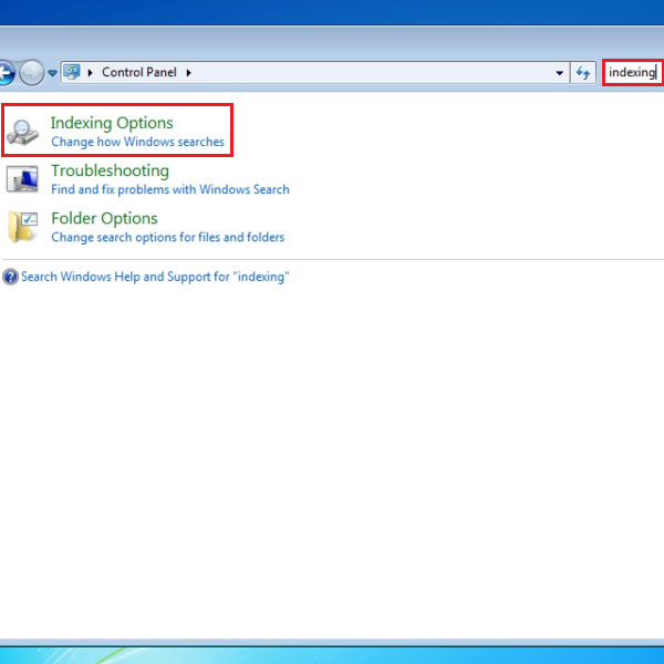 Type ‘indexing’ in the Search field of the Control Panel window