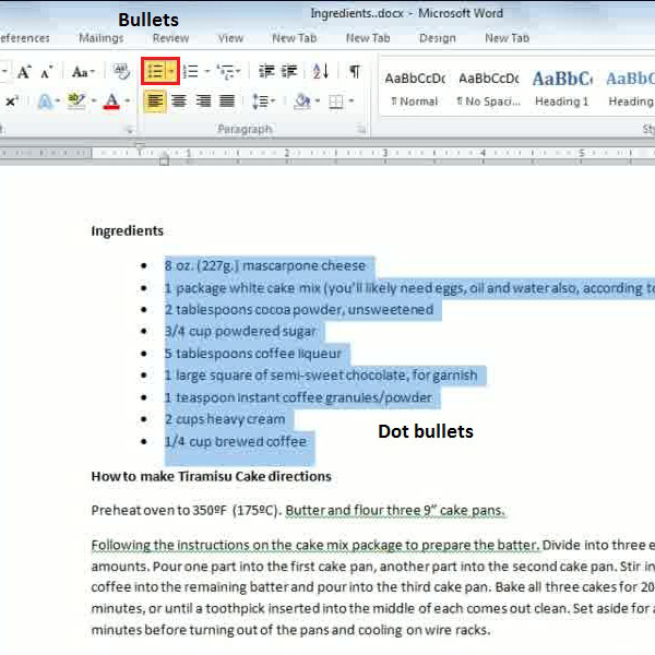 shortcut in word for bullets
