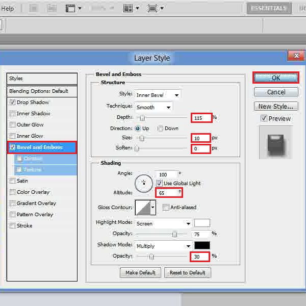 Change the bevel and emboss settings