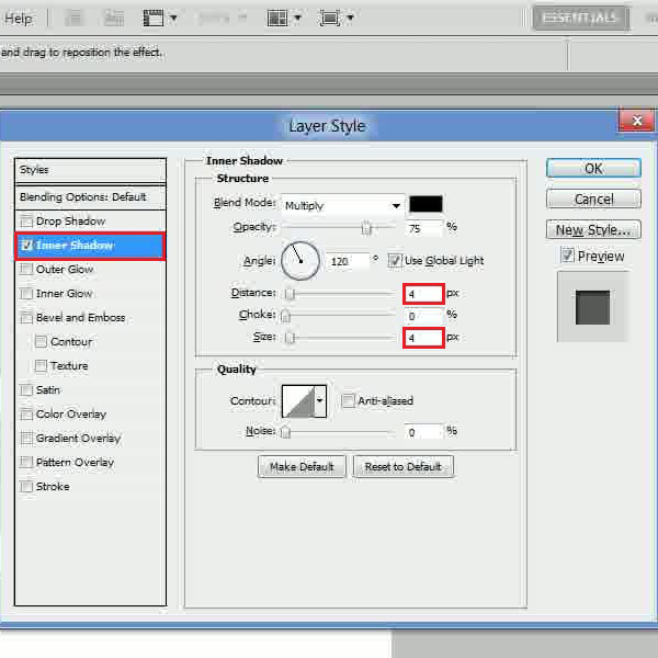 Change the inner shadow settings