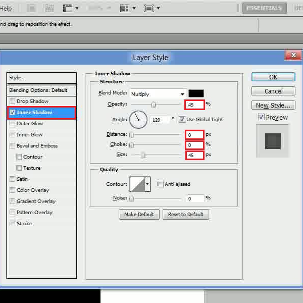 Change the inner shadow settings