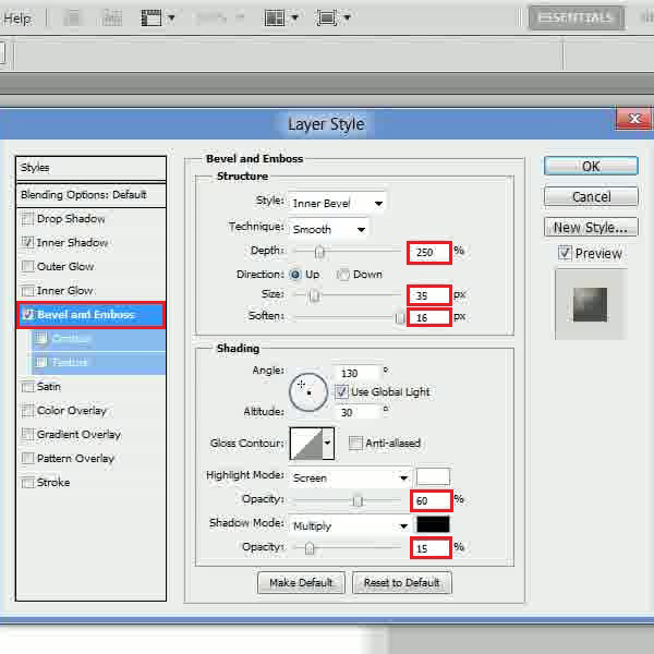 Change the bevel and emboss settings