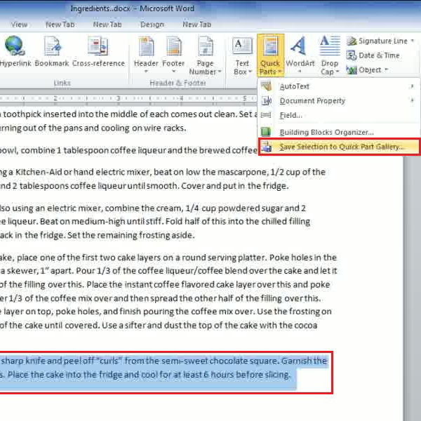 create a quick part in word 2010