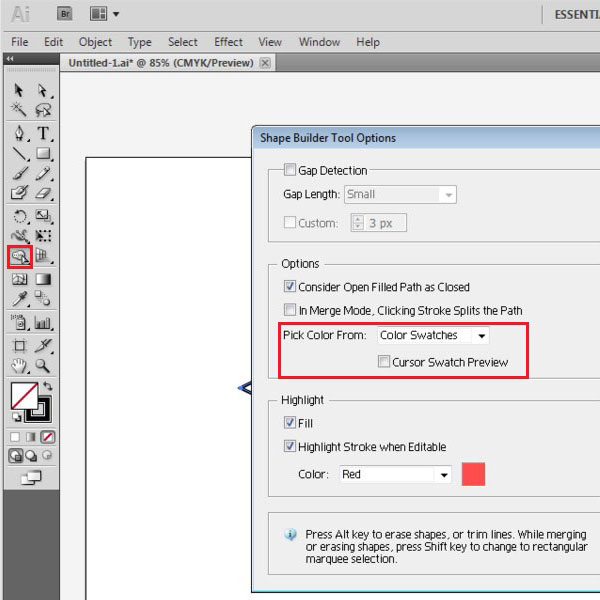 Open the shape builder tool settings