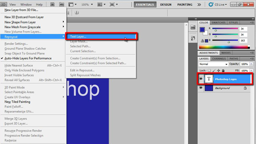 Deselecting the text and opening the 3D window